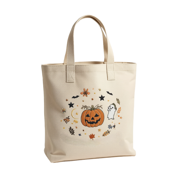 Halloween Trick-or-Treat Canvas Tote Bag With Embroidered Jack-o'-lantern & Friendly Ghost