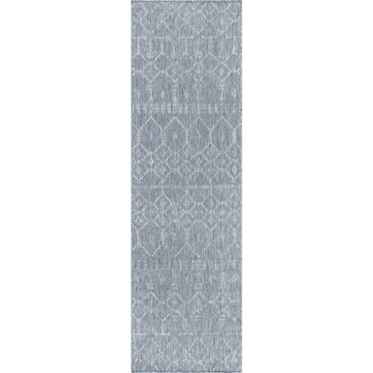 Boho-Inspired Greyish Blue & Ivory Geometric Rug – Fade & Stain-Resistant, Low-Pile, Perfect for High-Traffic Indoor/Outdoor Spaces