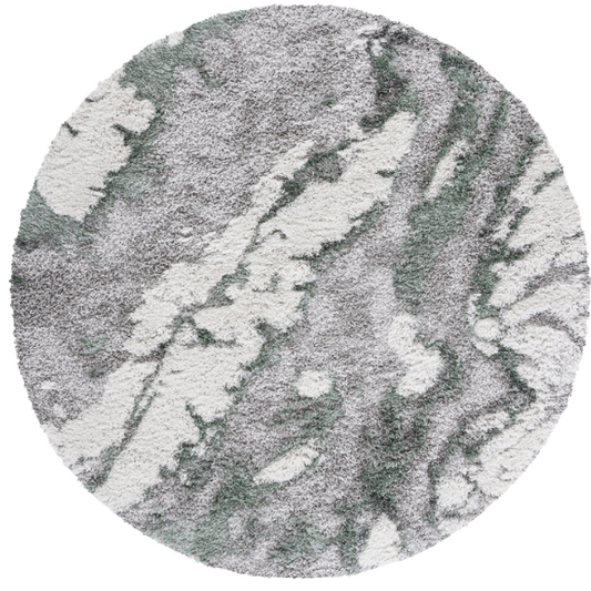 Plush Abstract Green, Grey, and White Pattern Shag Rug