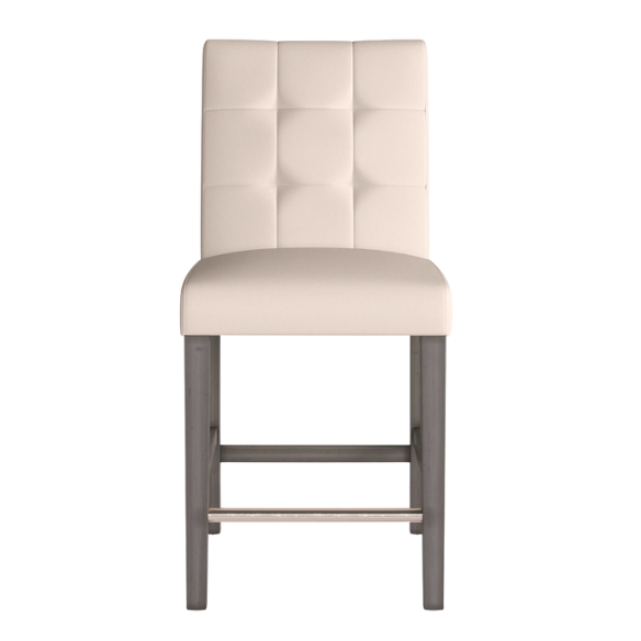 Upholstered 25" Counter Height Bar Stool – Modern Farmhouse Design with Tufted Back, Foam Padded Seat, Washed Grey Solid Wood Legs, and Durable Steel Footrest