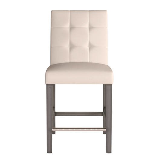 Upholstered 25" Counter Height Bar Stool – Modern Farmhouse Design with Tufted Back, Foam Padded Seat, Washed Grey Solid Wood Legs, and Durable Steel Footrest