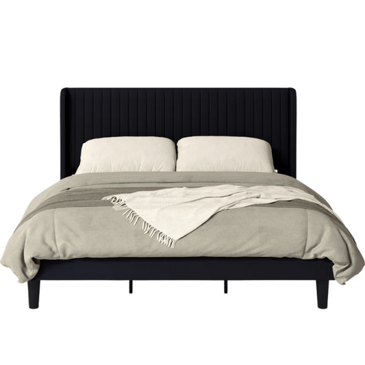 Luxurious King Size Upholstered Velvet Platform Bed with Modern Wingback Headboard – Heavy-Duty Steel Frame, No Box Spring Needed, and Ample Under-Bed Storage