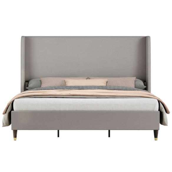 King Size Upholstered Platform Bed with Wingback Design, Foam-Padded Linen Headboard, and Steel Reinforced Frame