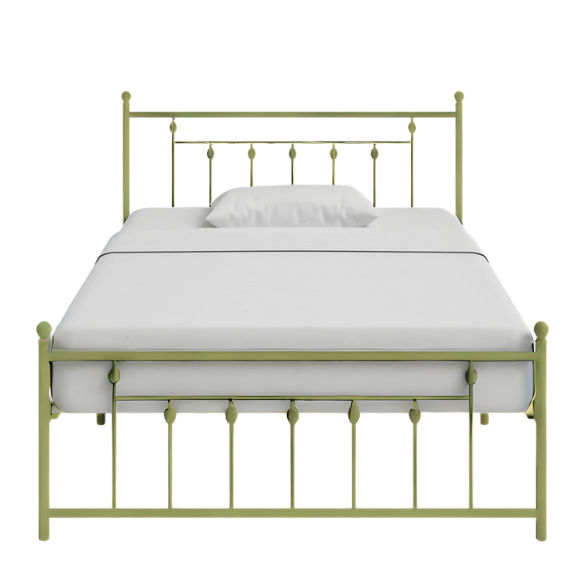 King Size Metal Open-Frame Platform Bed with Spindle Accents, Storage Footboard, and Slat Kit – No Box Spring Needed, Ideal for Farmhouse to French Country Styles