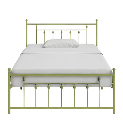 King Size Metal Open-Frame Platform Bed with Spindle Accents, Storage Footboard, and Slat Kit – No Box Spring Needed, Ideal for Farmhouse to French Country Styles