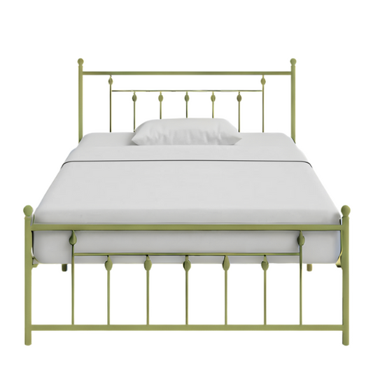 King Size Metal Open-Frame Platform Bed with Spindle Accents, Storage Footboard, and Slat Kit – No Box Spring Needed, Ideal for Farmhouse to French Country Styles