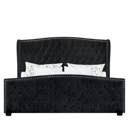 Luxurious King Size Velvet Upholstered Platform Bed Frame with Wingback Headboard – Handmade Button Tufting, Nailhead Detailing, Sturdy Construction, and No Box Spring Needed