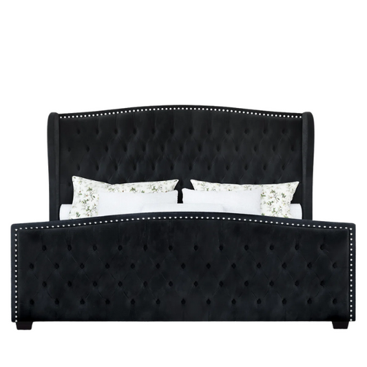 Luxurious King Size Velvet Upholstered Platform Bed Frame with Wingback Headboard – Handmade Button Tufting, Nailhead Detailing, Sturdy Construction, and No Box Spring Needed