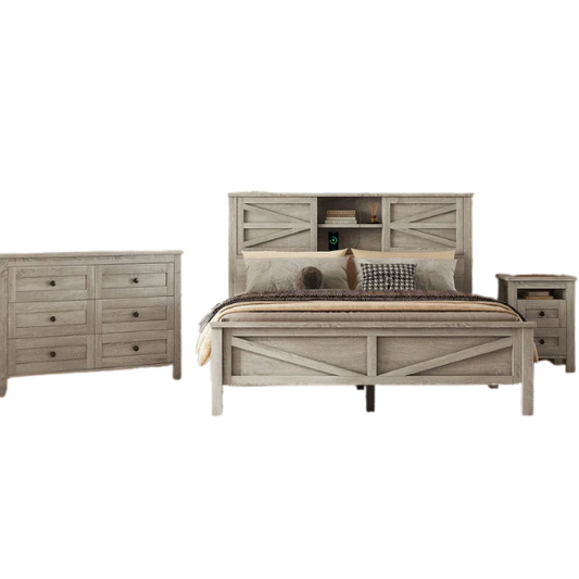 3-Piece Farmhouse Queen Bedroom Set – Platform Bed with Sliding Door Storage Headboard and Charging, Nightstand, and Dresser – Modern Design with Ample Storage