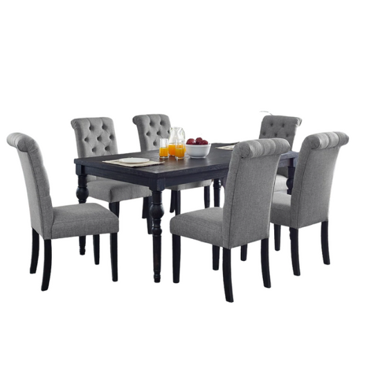 7-Piece Dark-Wash Wood Dining Set with Turned Legs – Classic Traditional Style with Distressed Finish