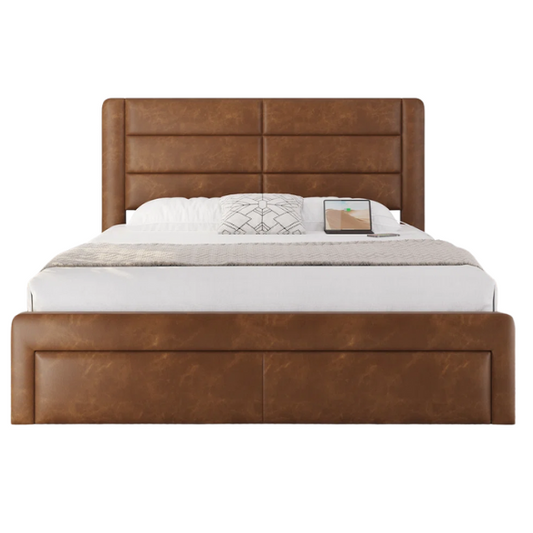 King Size Vegan Leather Metal Platform Storage Bed with 3 Drawers, Tufted Headboard, and Built-In USB Ports – Modern Design for Ultimate Comfort and Convenience