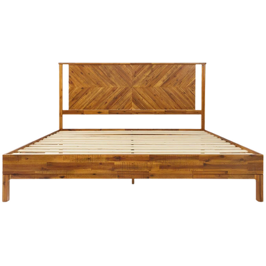 Solid Wood Platform King Size Bed with Headboard and Sturdy Steel Frame, Rustic Design