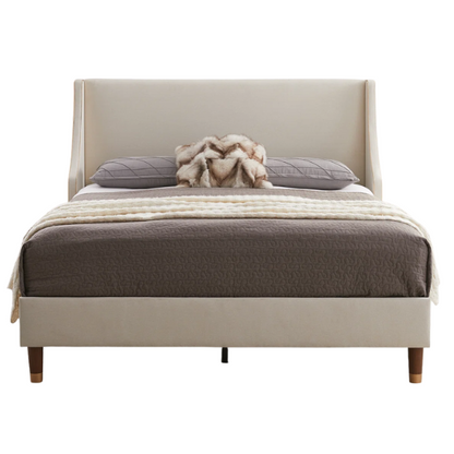 Elegant Linen Wingback Upholstered Platform Bed Frame – Luxurious Full Double Size Design with Gold Piping, Sturdy Support, and Effortless Assembly