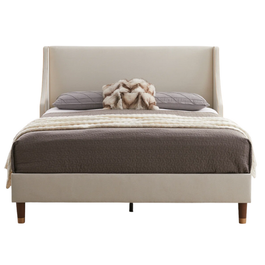 Elegant Linen Wingback Upholstered Platform Bed Frame – Luxurious Full Double Size Design with Gold Piping, Sturdy Support, and Effortless Assembly