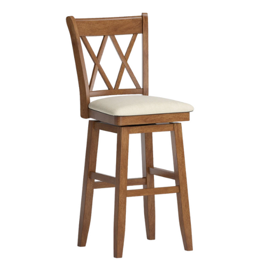 Double X Back Wood Swivel Bar Stool – Vintage Charm with Upholstered Linen Seat Cushion, Swivel Function, and Distressed Finishes for Elegant Bar or Counter Seating