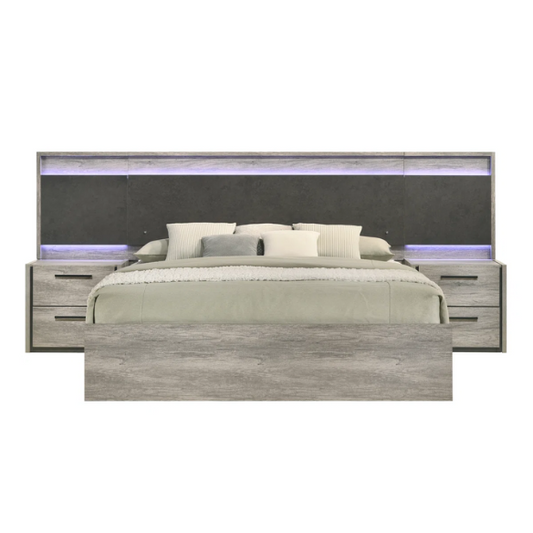 Modern LED Wall Bed with Nightstands, Dresser, Mirror, and Chest in Weathered Gray