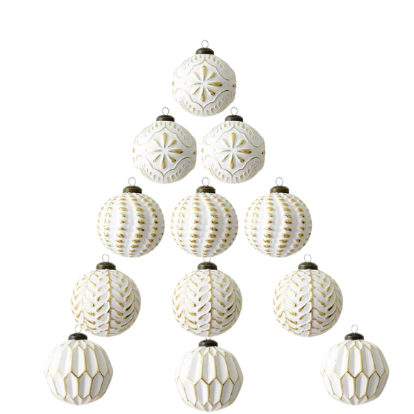 Gold & White Embossed Christmas Ornaments – Elegant Holiday Bauble Set (12 Pieces)