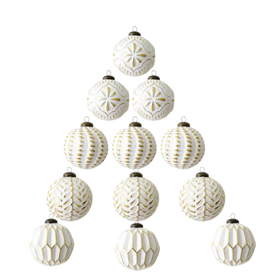 Gold & White Embossed Christmas Ornaments – Elegant Holiday Bauble Set (12 Pieces)