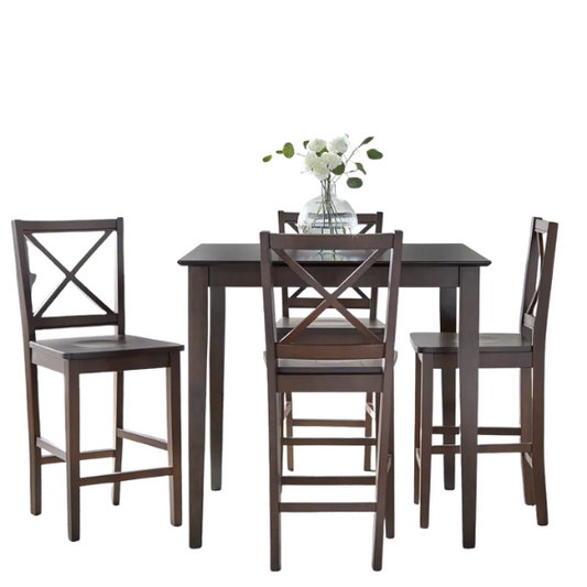 Cross Back Counter Height 5-Piece Dining Set – Industrial Rubberwood Table & Chairs in Black or Espresso Finish