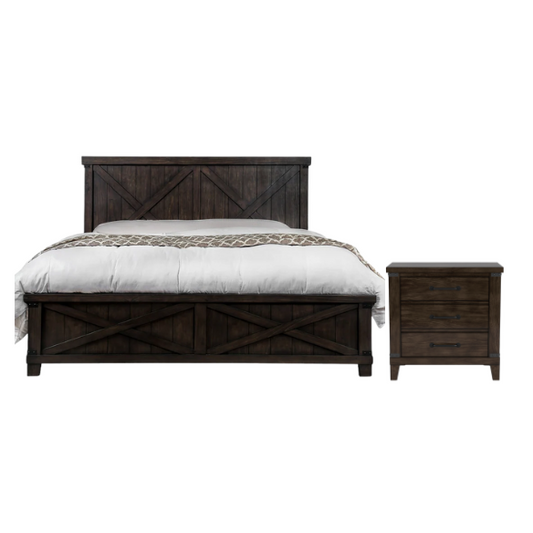 Rustic Dark Walnut 2-Piece Queen Bed and Nightstand Set – Country-Inspired Charm with X-Detail Panel Design and Metal Accents