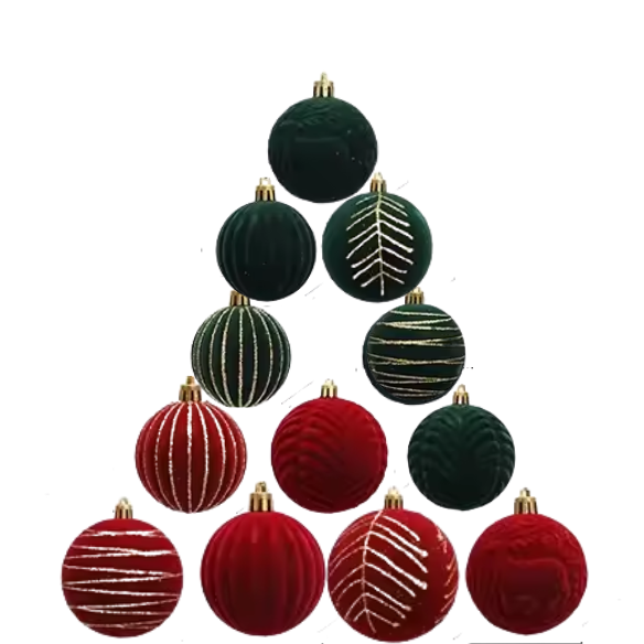 Red & Green Velvet-Flocked Christmas Ornaments – Luxurious Shatterproof Holiday Set (12 Pieces)