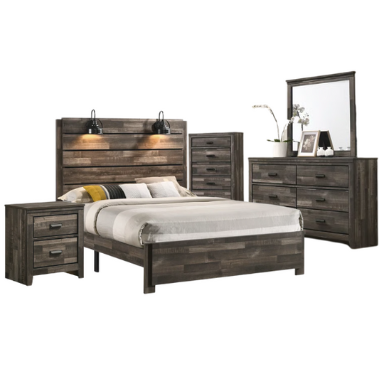 Rustic Dark Grey Weathered 6-Piece Platform Bedroom Set with Bold Black Hardware – Frame-Style Design, Metal-on-Metal Drawer Guides, and Sturdy Construction
