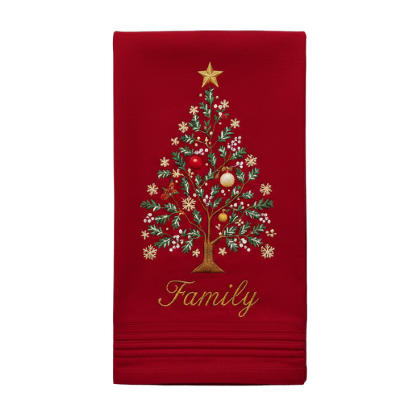 Embroidered Napkin Set with Festive Christmas Tree and Gold Scripted Family Design
