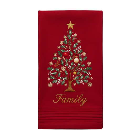 Embroidered Napkin Set with Festive Christmas Tree and Gold Scripted Family Design