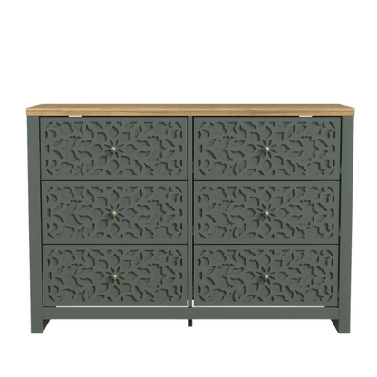 Boho-Inspired 45.4" 6-Drawer Dresser with Distressed Finish and Openwork Floral Details