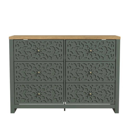 Boho-Inspired 45.4" 6-Drawer Dresser with Distressed Finish and Openwork Floral Details