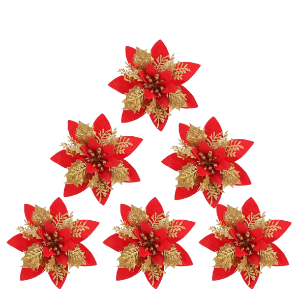Gold & Red Glitter Poinsettia Christmas Flowers – Elegant Artificial Holiday Décor (5 Pieces)