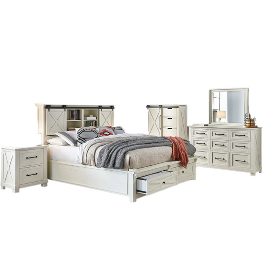 Solid Wood 5-Piece Storage Bedroom Collection – Rustic Elegance with Ample Storage, New Zealand Pine Construction, and Distressed White & Graphite Finish