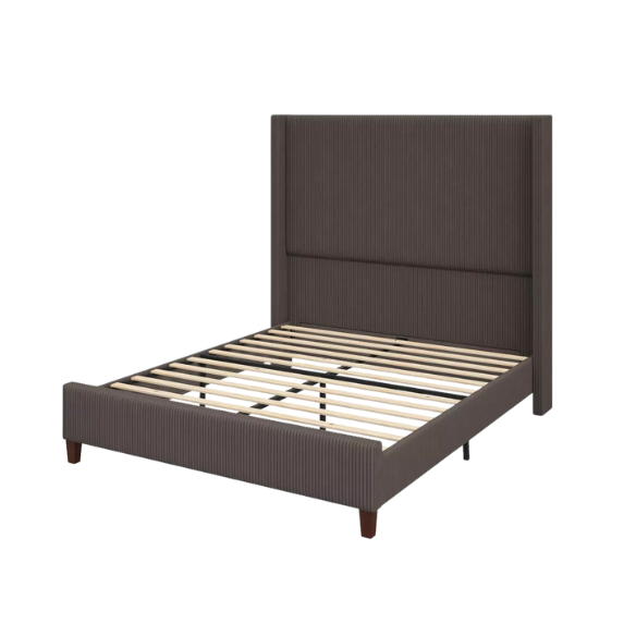 Queen Size Upholstered Wingback Platform Bed in Ribbed Corduroy Fabric