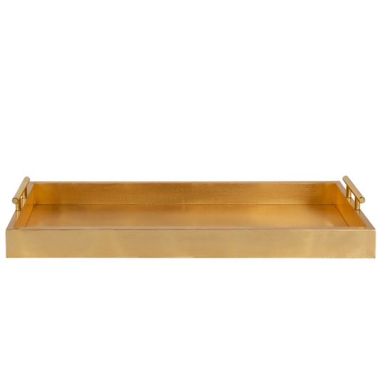 Sleek and Sophisticated Long Rectangular Serving Tray – High Gloss Wood with Polished Metal Handles, Perfect for Entryway, Vanity, or Coffee Table