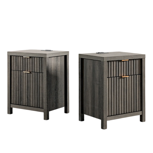 2-Drawer Nightstand with Built-In Outlets – Fluted Panels, Wood Grain Finish, Modern Design, Charging Station with 2 AC Outlets, USB & USB-C Ports, 4.9-Foot Power Cord, Set of 2