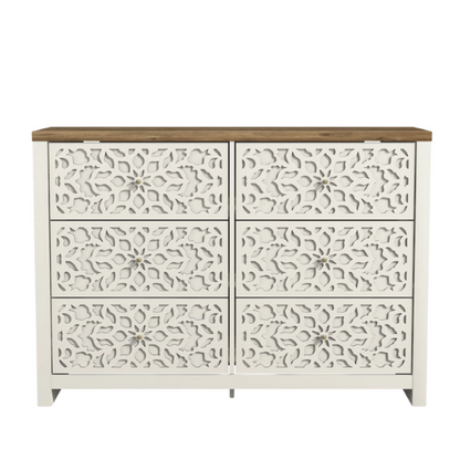 Boho-Inspired 45.4" 6-Drawer Dresser with Distressed Finish and Openwork Floral Details