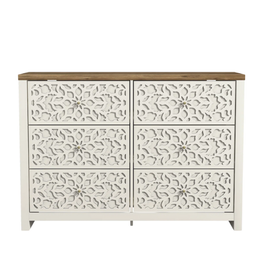Boho-Inspired 45.4" 6-Drawer Dresser with Distressed Finish and Openwork Floral Details