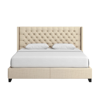 King Size Upholstered Wingback Bed with Linen Fabric, Tapered Legs, and Button Tufted Headboard