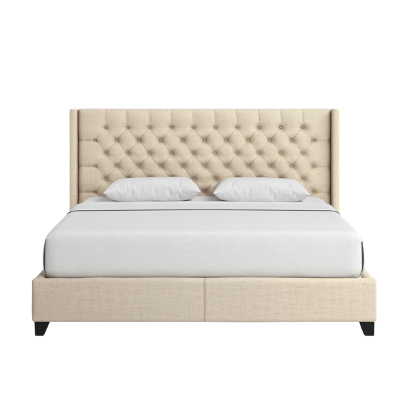 King Size Upholstered Wingback Bed with Linen Fabric, Tapered Legs, and Button Tufted Headboard