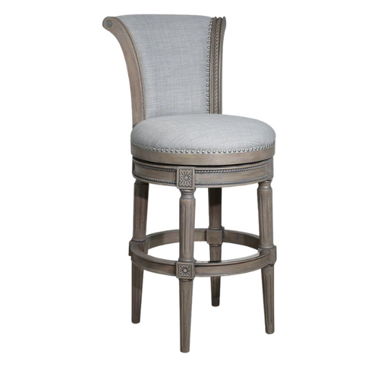 Swivel Bar-Height Stool with High Seat Back – Elegant Curved Back, 180° Automatic Return Swivel, Nail Head Trim, Metal Footrests, and Cushioned Foam Seat for Ultimate Comfort