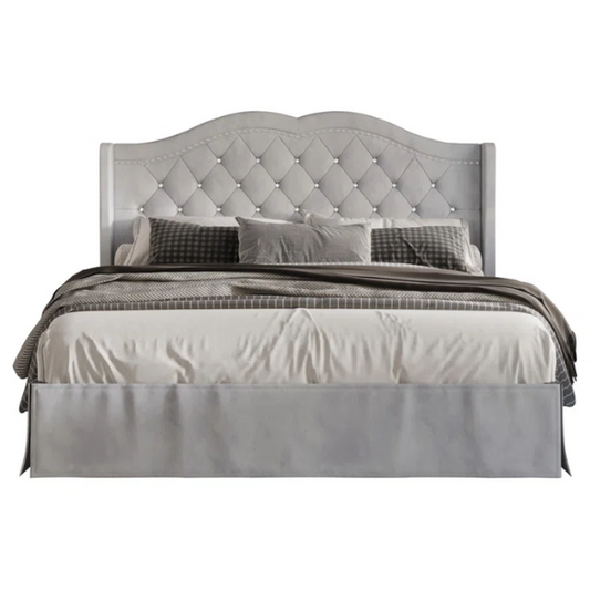 Luxurious King Size Upholstered Wingback Platform Bed with Velvet Fabric, Foam-Padded Camelback Headboard, Diamond Tufting, Nailhead Trim, and Included Bed Skirt for Hidden Storage
