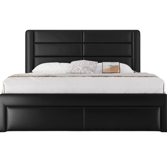 King Size Vegan Leather Metal Platform Storage Bed with 3 Drawers, Tufted Headboard, and Built-In USB Ports – Modern Design for Ultimate Comfort and Convenience