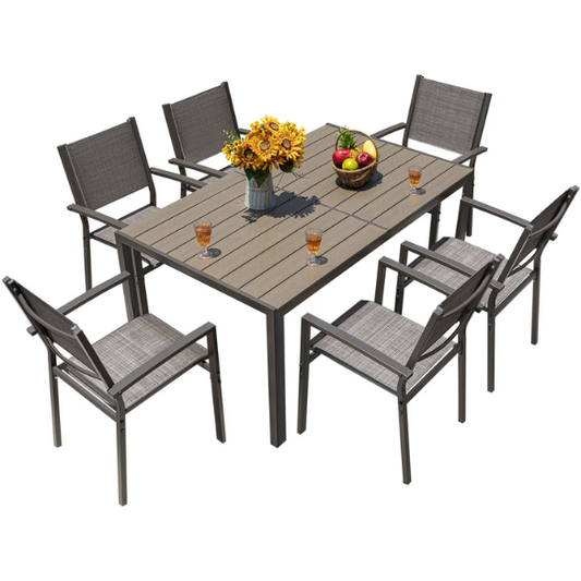 7-Piece Patio Dining Set | Outdoor Furniture with 6 Stackable Textilene Chairs and Spacious Table | Perfect for Yard, Garden, and Porch in Grey
