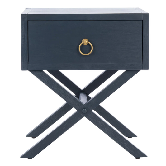 1-Drawer Nightstand – Classic Campaign Style with Contemporary Chic, Acacia Wood Frame, Cross-Base Design, Bold Finish, Gold Drawer Pull, Perfect for Modern Bedrooms