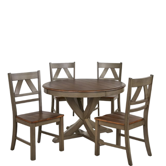 Charming Country-Style Dining Set with Rustic Appeal – Round Table & Geometric Back Chairs