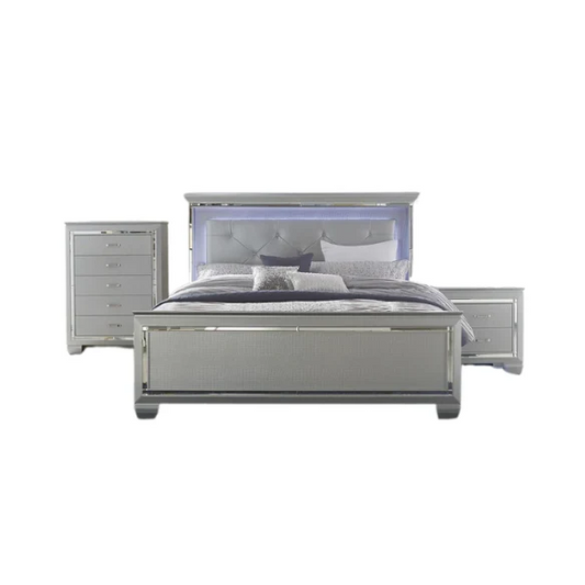 3-Piece Silver Modern LED Panel Bedroom Set with Faux Leather Upholstered Tufted Headboard, Alligator Embossing, and Crystal-Enhanced Accents