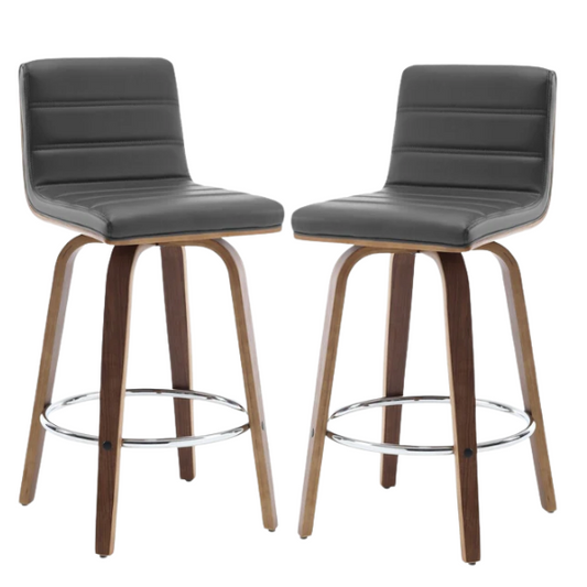 Mid-Century Modern Faux Leather Swivel Counter/Bar Stools – 360° Swivel, Padded PU Leather Seat & Back, Durable Bentwood Legs, Metal Footrest, Supports Up to 440lbs for Home Bar or Kitchen