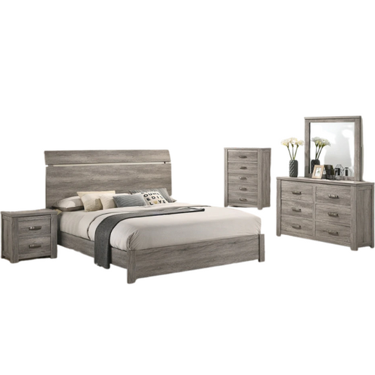 Contemporary Style Weathered Gray Wood 4-Piece Bedroom Set with Panel Bed, Dresser, Mirror, and Nightstand