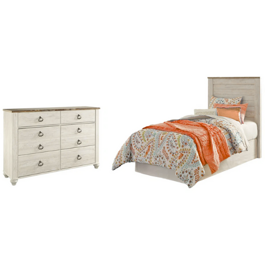 Charming Rustic White: 2-Piece Twin Bedroom & Dresser Set for a Cozy Retreat