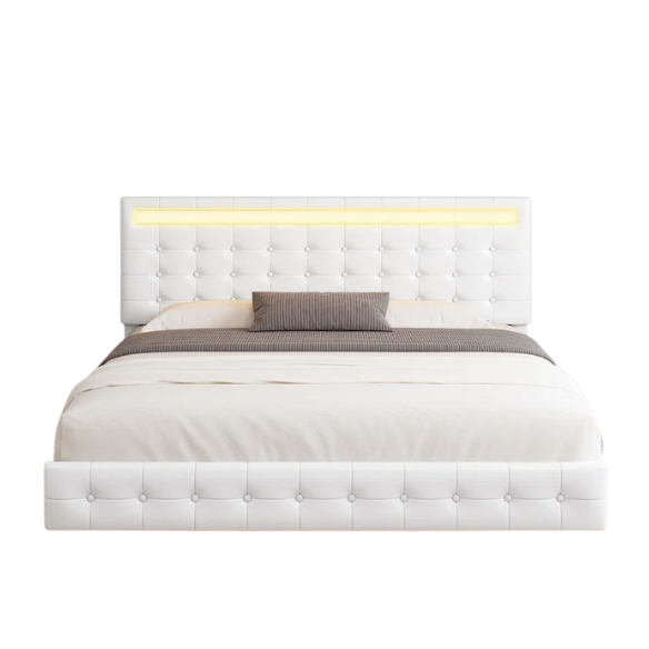 Queen Size LED Lit Platform Bed with Tufted Headboard – Modern and Stylish Design